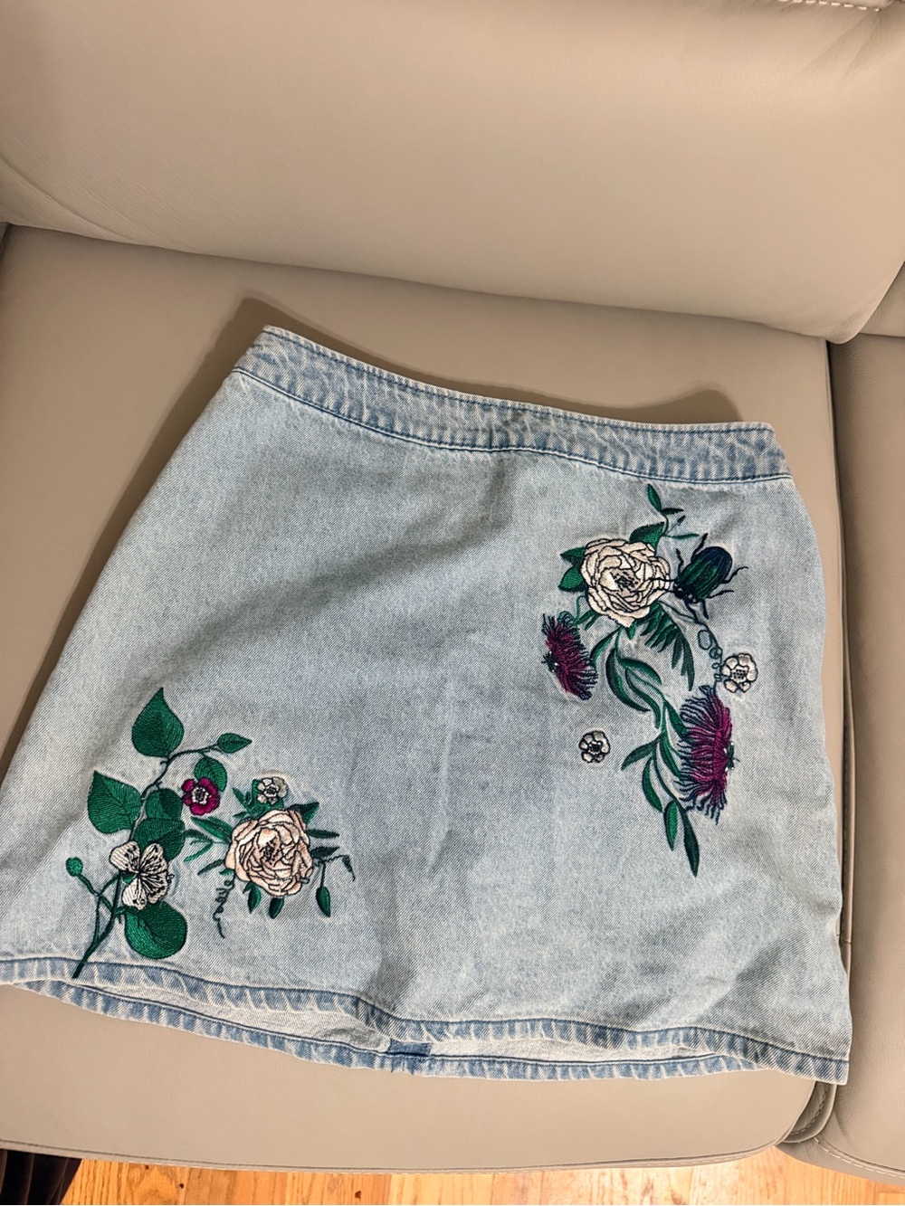 H&M Light Blue Denim Skirt with Floral Embroidery